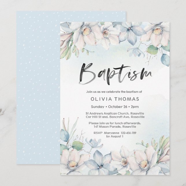 Invitation au baptême | fleurs d'hiver bleues (Devant / Derrière)