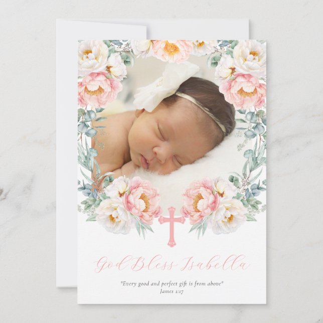Invitation au baptême floral rose avec photo (Dos)