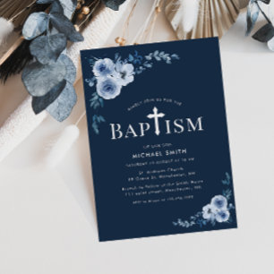 invitation au baptême moderne fleuri bleu