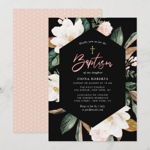 invitation au baptême noir floral magnolia