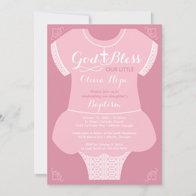 Invitation au baptême pour une robe de fille, rose (Devant)