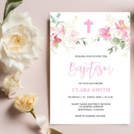 Invitation au baptême rose florale fille