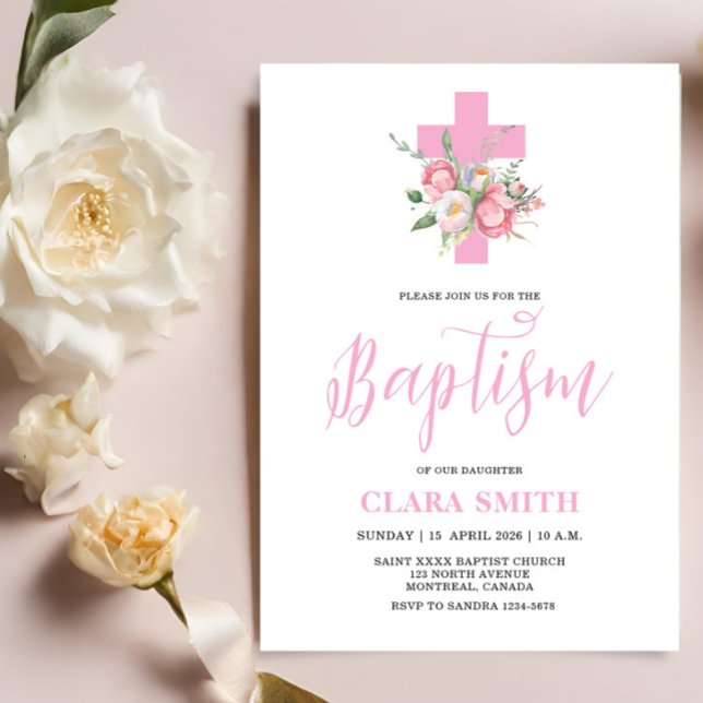 Invitation au baptême rose florale fille (Créateur téléchargé)