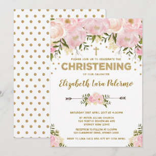 Invitation au baptême rose florale Pastel