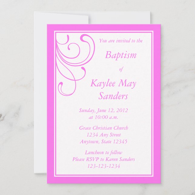 Invitation au baptême rose personnalisée ou autre  (Devant)