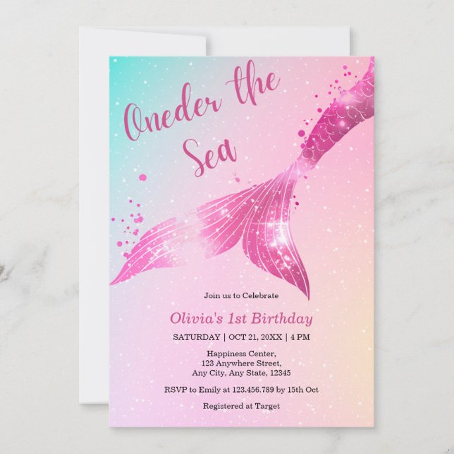 Invitation Au bord de la mer Sirène bébé fille 1er anniversai (Devant)