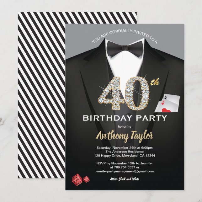 Invitation au casino pour 40e anniversaire. Noir e (Devant / Derrière)