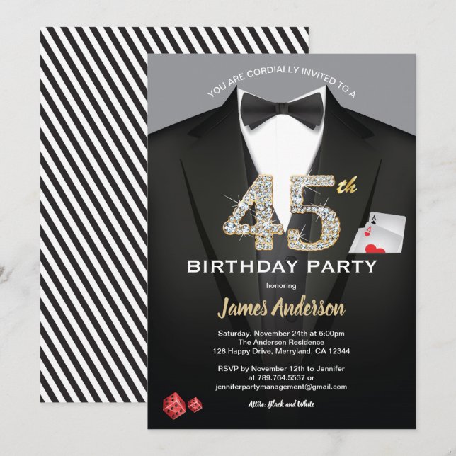 Invitation au casino pour 45e anniversaire. Noir e (Devant / Derrière)
