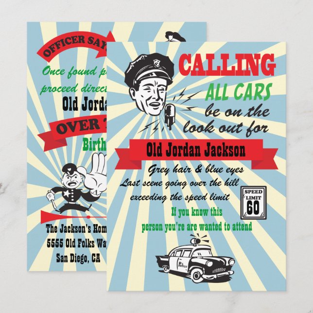 Invitation Au-dessus de la colline Limite de vitesse Cops Inv (Devant / Derrière)