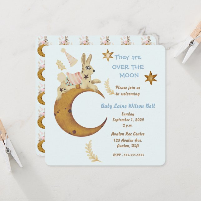 Invitation Au-dessus de la lune Baby Boy Shower (Devant/Arrière en situation)