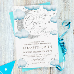 Invitation Au-dessus de la lune Baby shower bleu argent garço