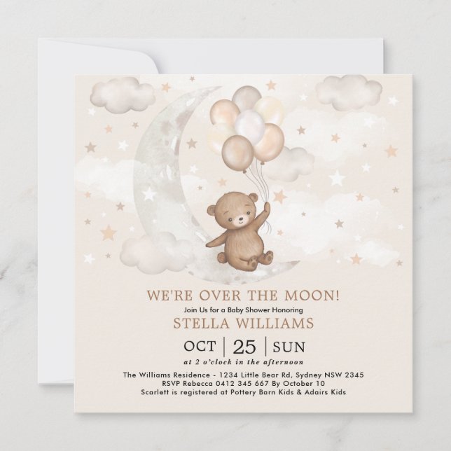 Invitation Au-dessus de la lune Baby shower de ballons d'ours (Devant)