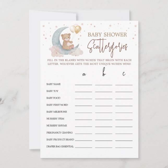 Invitation Au-dessus de la lune Baby shower Scattergories Gam (Devant)