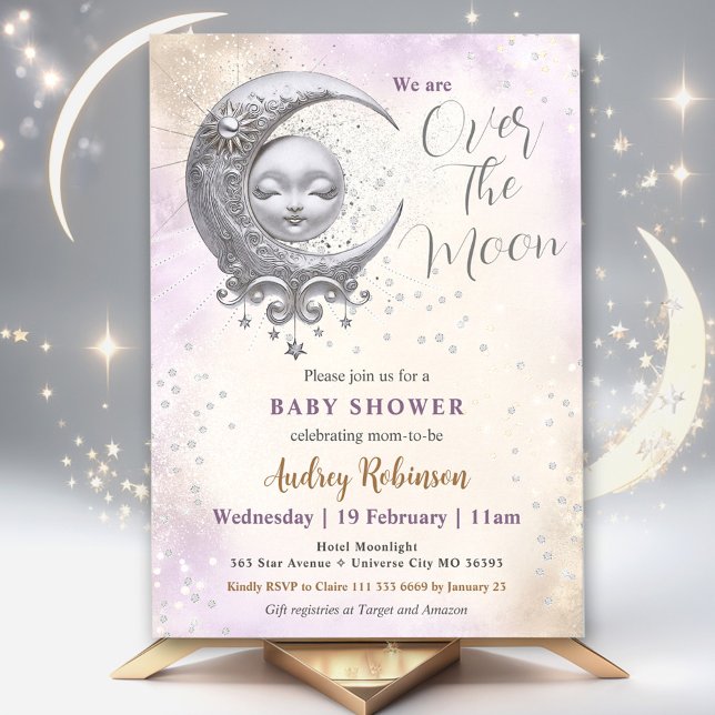 Invitation Au-Dessus De La Lune Baby shower Violet Neutre Pou (Over The Moon Gender Neutral Purple Baby Shower Invitation)