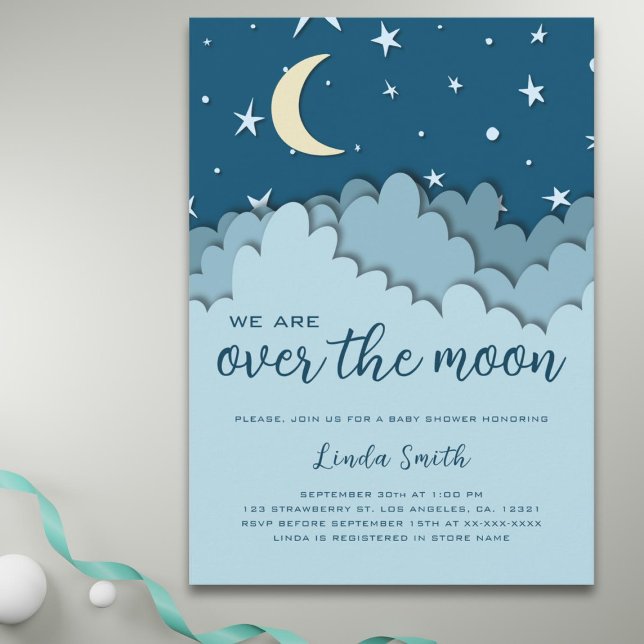 Invitation Au-dessus de la lune Blue Stars Boy Baby shower (Créateur téléchargé)