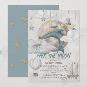 Invitation Au-dessus de la lune Blue Whale Boho Boy Baby show
