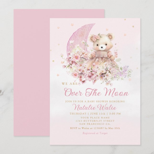 Invitation Au-dessus de la lune Boho Teddy Bear Girl Baby sho (Devant / Derrière)