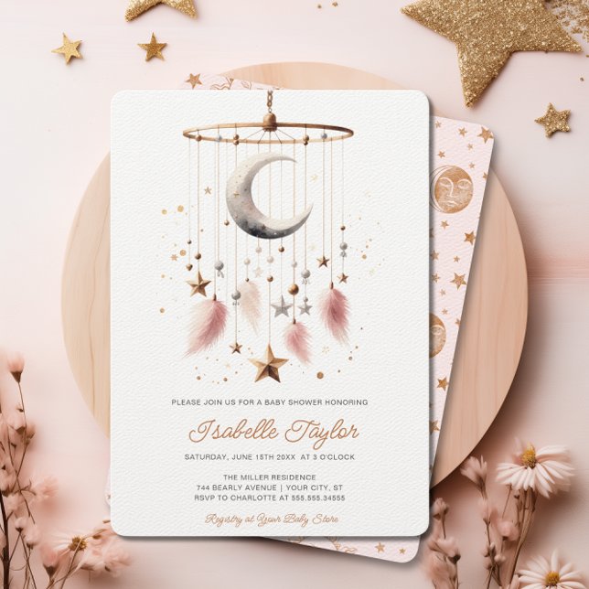 Invitation Au-dessus de la lune Celestial rose fille Baby sho (Over the Moon Celestial Pink Girl Baby Shower Chic Invitation)