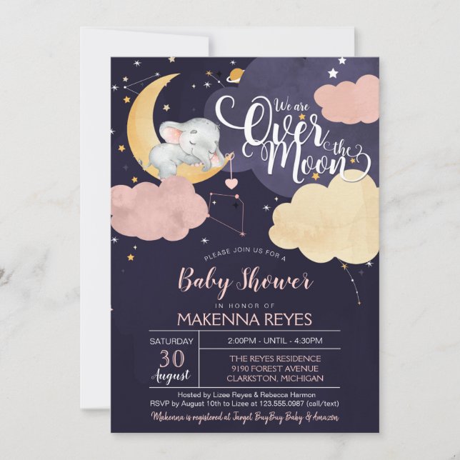 Invitation Au-dessus de la lune couchant Eléphant Girl Baby s (Devant)