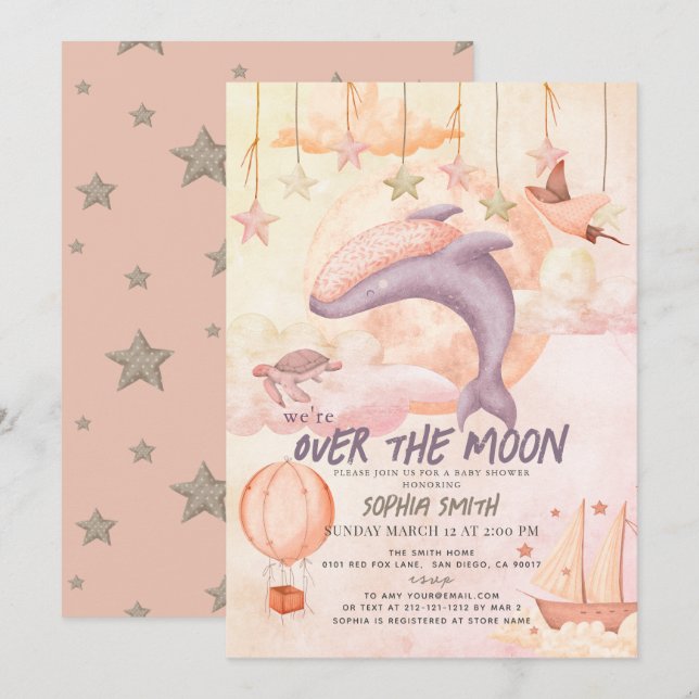 Invitation Au-dessus de la lune de baleine rose Baby shower d (Devant / Derrière)