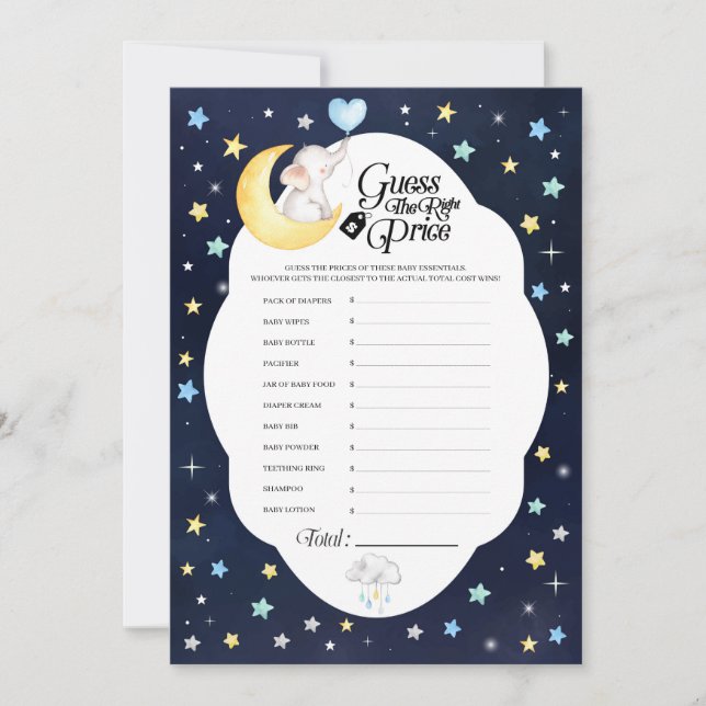 Invitation Au-Dessus De La Lune Elephant Baby shower Prix Jeu (Devant)