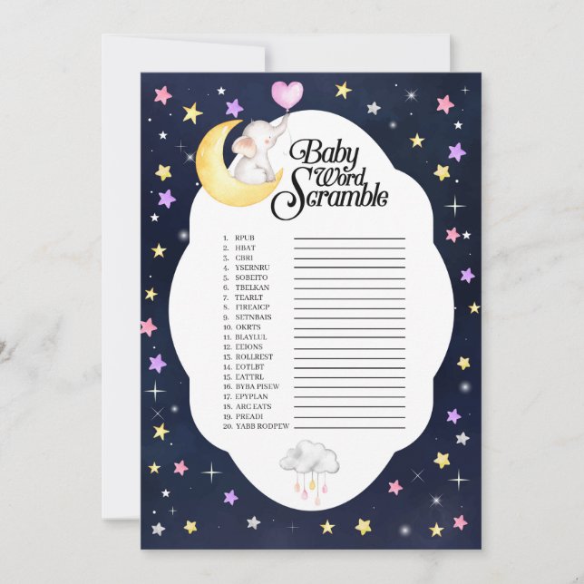 Invitation Au-Dessus De La Lune Elephant Baby Word Scramble J (Devant)