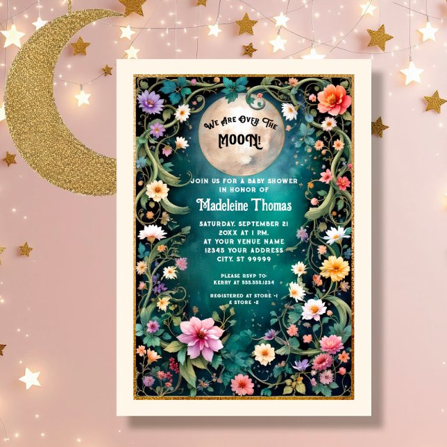 Invitation Au-dessus de la lune Fleurs roses de nuit florales (Créateur téléchargé)