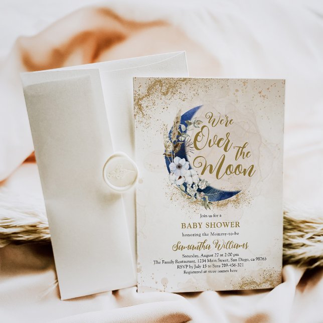 Invitation Au-dessus de la lune Gold & Navy Blue Baby Boy Sho (Créateur téléchargé)
