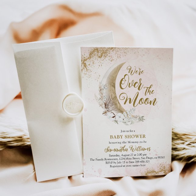 Invitation Au-dessus de la lune Gold rose bébé fille douche (Créateur téléchargé)