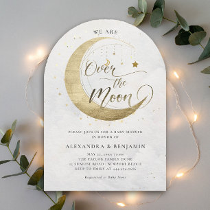 Invitation Au-dessus de la Lune Gold Stars White Sky Baby sho