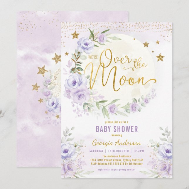 Invitation Au-dessus de la lune | Lavender Gold Girl Baby sho (Devant / Derrière)
