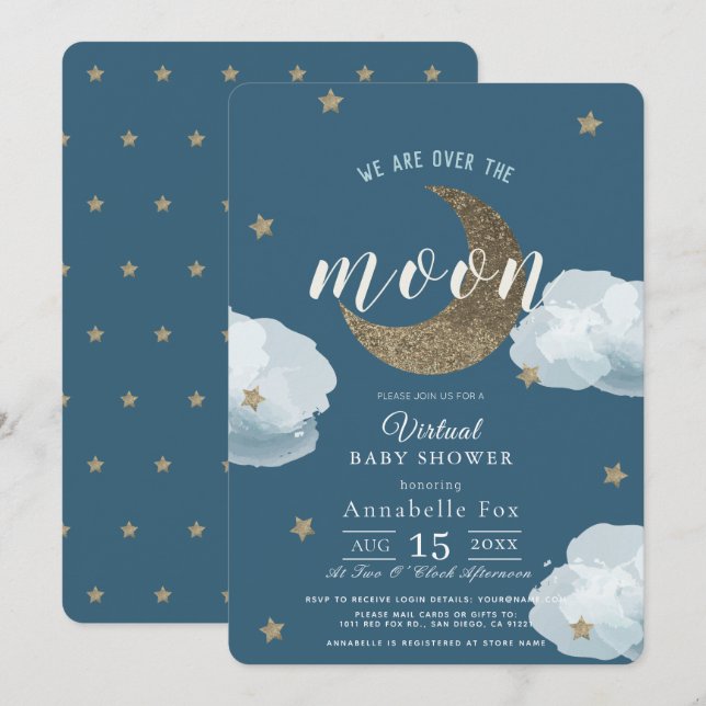 Invitation Au-dessus de la lune Midnight Blue Baby shower vir (Devant / Derrière)