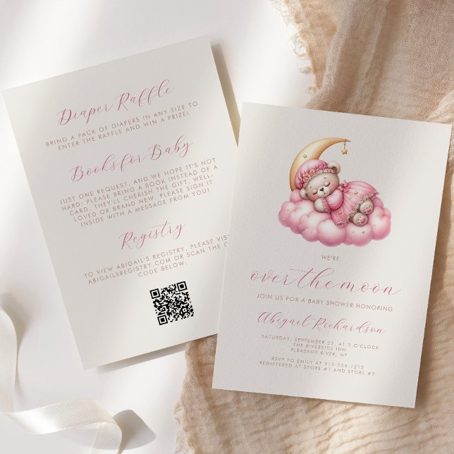 Invitation Au-dessus de la lune Ours rose fille QR Code Baby  (Créateur téléchargé)