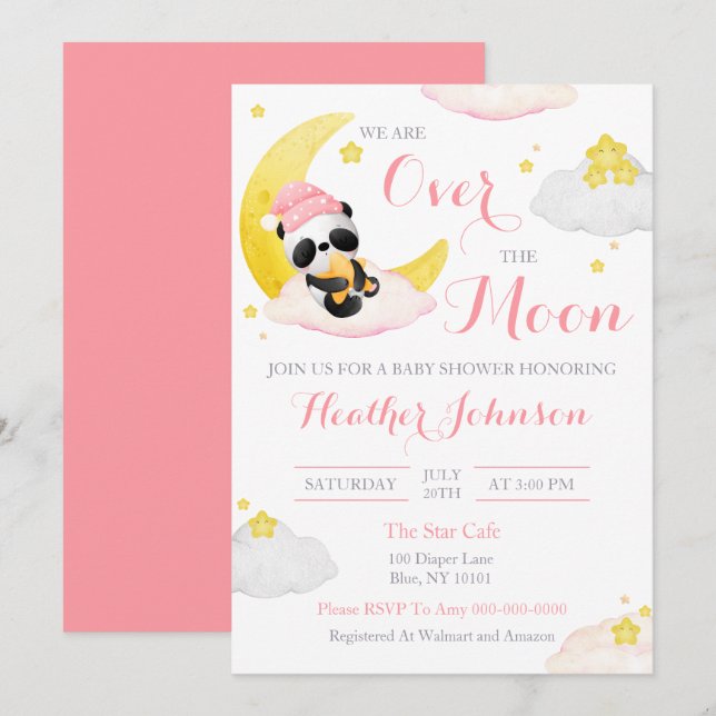 Invitation Au-Dessus De La Lune Panda Ours Baby shower Fille (Devant / Derrière)