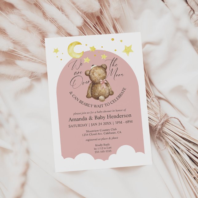 Invitation Au-Dessus De La Lune Rose Girl Teddy Bear Baby sho (Créateur téléchargé)