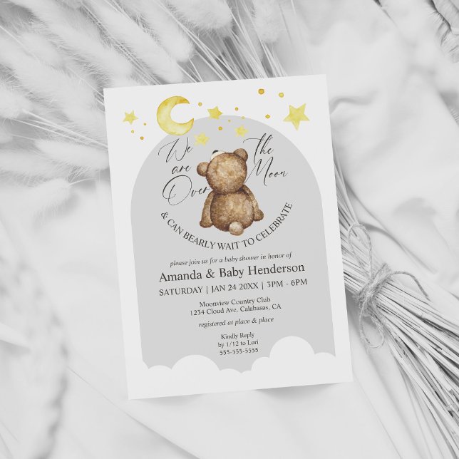 Invitation Au-dessus de la lune Teddy Bear Baby shower gris (Créateur téléchargé)