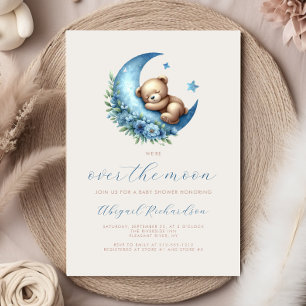 Invitation Au-dessus de la lune Teddy Bear Blue Boy Baby show