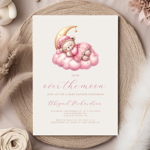 Invitation Au-dessus de la lune Teddy ours Baby shower fille 