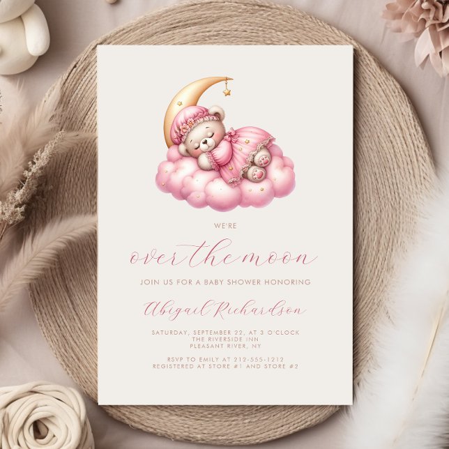 Invitation Au-dessus de la lune Teddy ours Baby shower fille  (Créateur téléchargé)