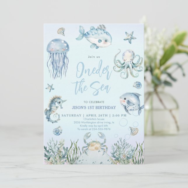 Invitation Au-dessus de la mer Ocean Animals garçon 1er anniv (Debout devant)
