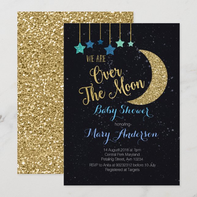 Invitation Au-dessus de l'invitation de baby shower de lune (Devant / Derrière)