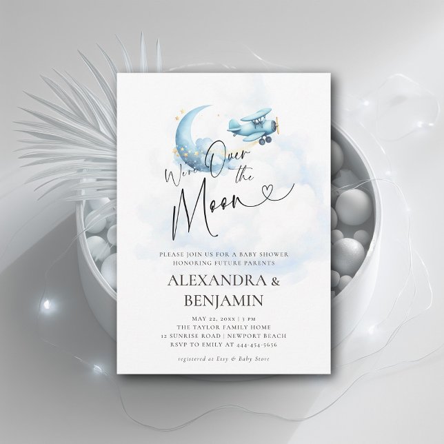 Invitation Au-dessus des nuages de lune Avion Coed bébé garço (over the moon baby shower invitation boy toy airplane moon stars watercolor cute adorable)