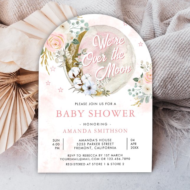 Invitation Au-Dessus Du Baby shower Arc Floral Rose Lune (Créateur téléchargé)