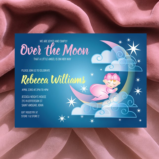 Invitation Au-Dessus Du Baby shower Bercé Par La Lune - Peau  (Over The Moon Cradled Baby Shower - Lighter Skin Invitation)