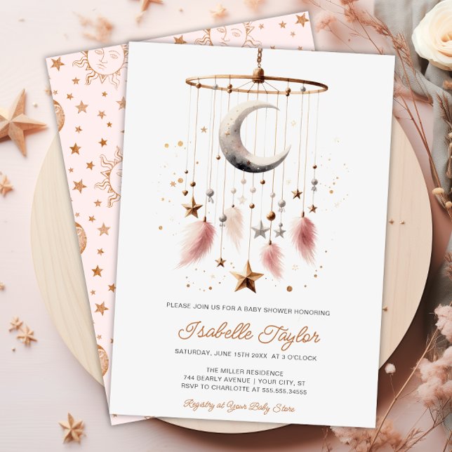 Invitation Au-dessus du Baby shower céleste de la lune Boho (Over the Moon Boho Celestial Girl Baby Shower Invitation)