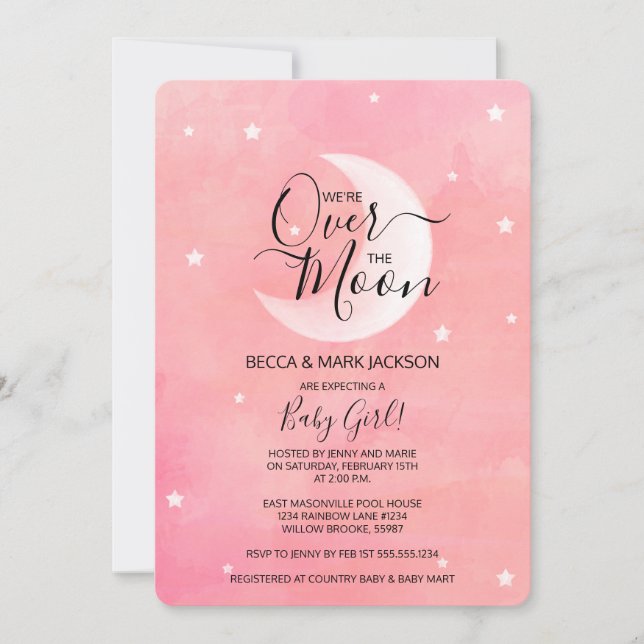 Invitation Au-Dessus Du Baby shower D'Aquarelle Rose Lune (Devant)