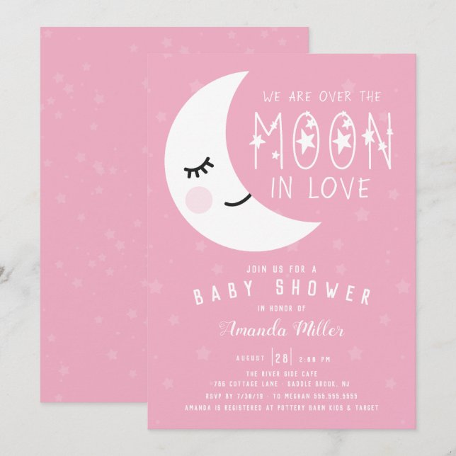 Invitation Au-Dessus Du Baby shower De Fille Lune (Devant / Derrière)