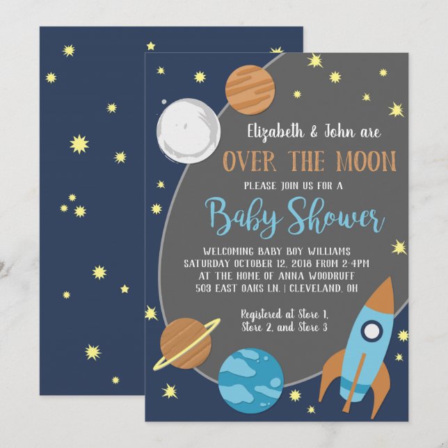 Invitation Au-dessus du baby shower d'espace (Devant / Derrière)