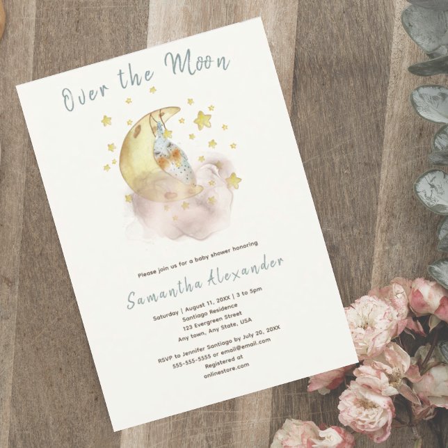 Invitation Au-Dessus Du baby shower Lune (Over the Moon baby shower invitation. Cute bunny sleeping on crescent moon among starry  background.)