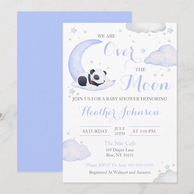 Invitation Au-dessus du Baby shower Lune Boy Panda Bear (Devant / Derrière)